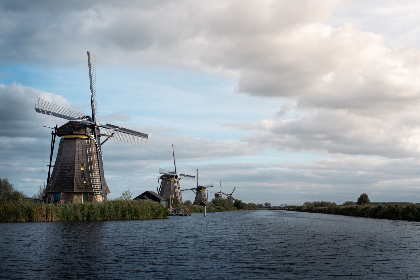 Rij traditionele molens langs een polderwater in Kinderdijk